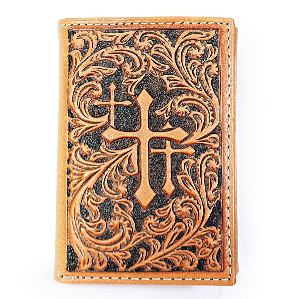 Nocona Men's Western Trifold Wallet Tooled Leather Slim Fit Billfold Crosses